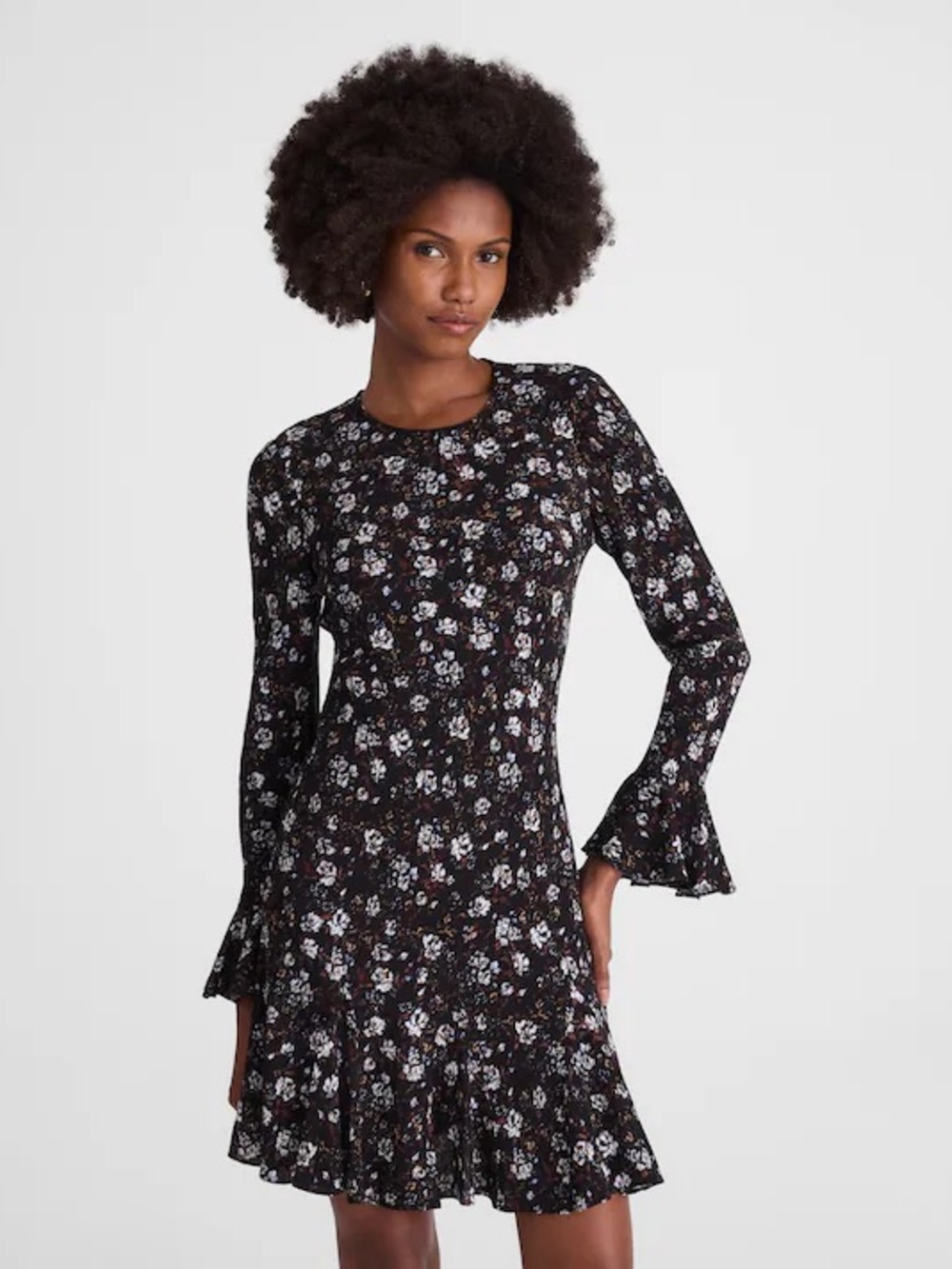 Madewell Floral Long-Sleeve Black Ruffle Hem Dress NWT